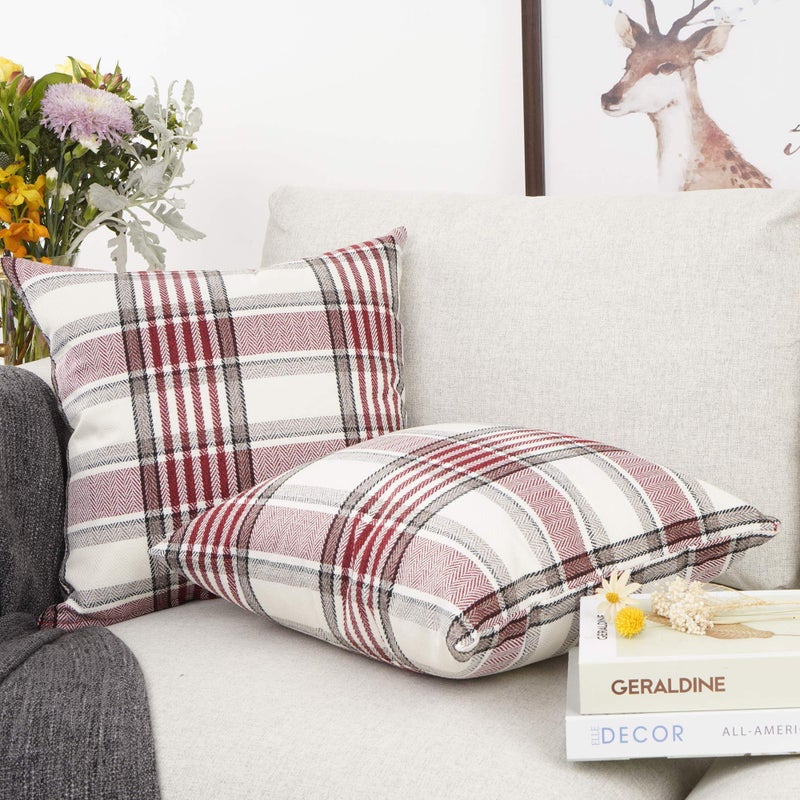YOUR SMILE Christmas Retro Farmhouse Buffalo Tartan Chequer Plaid Cotton Linen Decorative Throw Pillow Case Cushion Cover Pillowcase for Sofa 18 x 18 Inch, Set of 2, Red/Stripe - Image 3